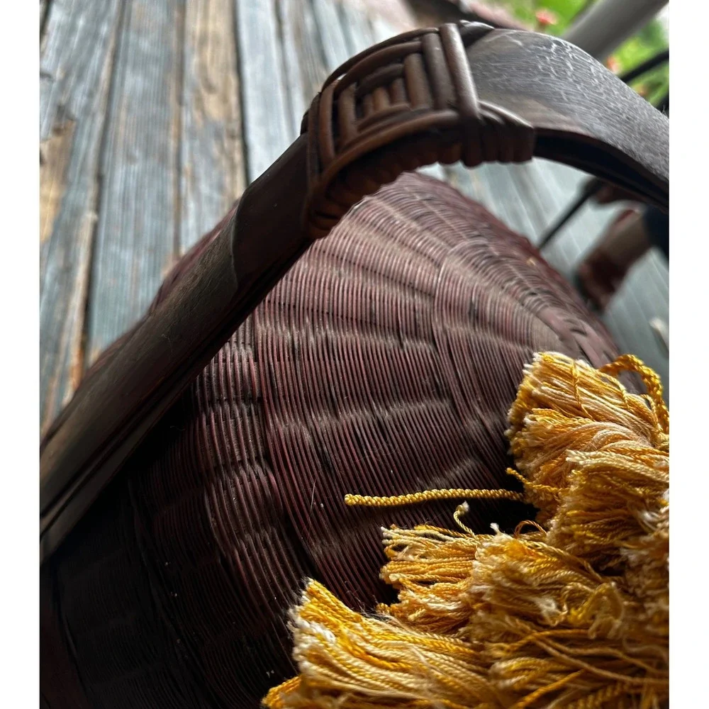 Vintage Asian Tiered Wedding Basket Woven Bamboo Tassel Handle Red Brown 12 Inch
